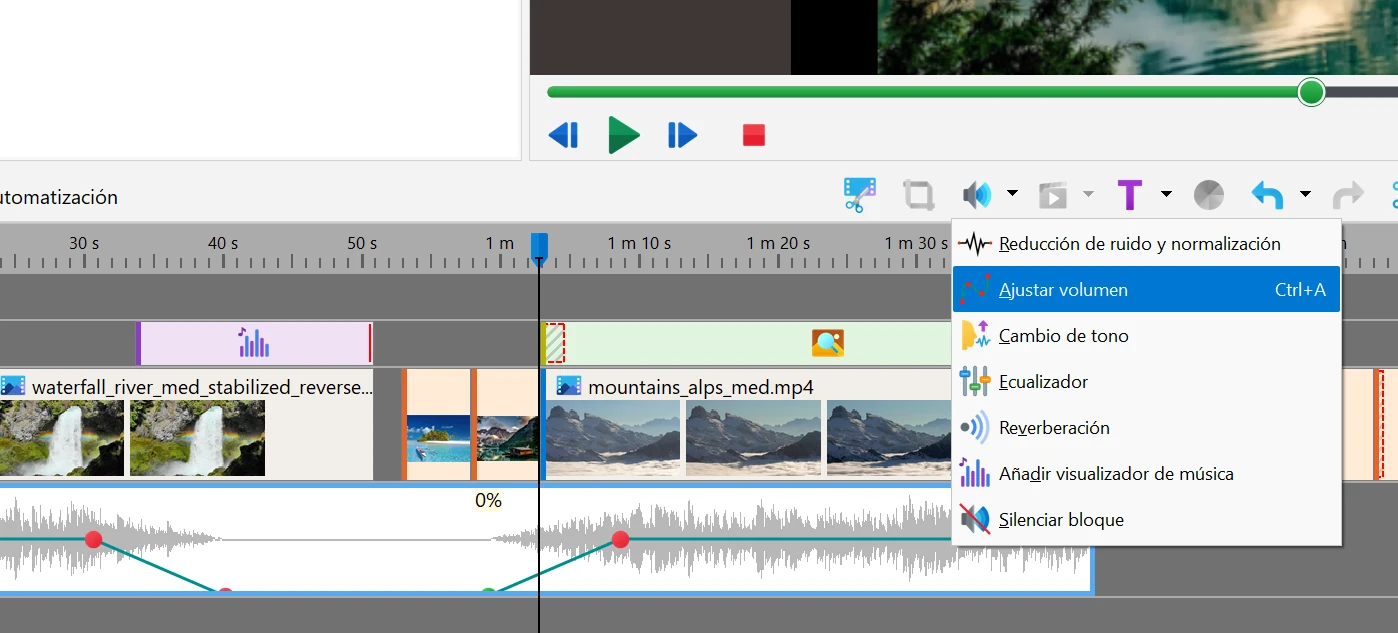 cambiar el volumen del audio en Bolide Movie Creator