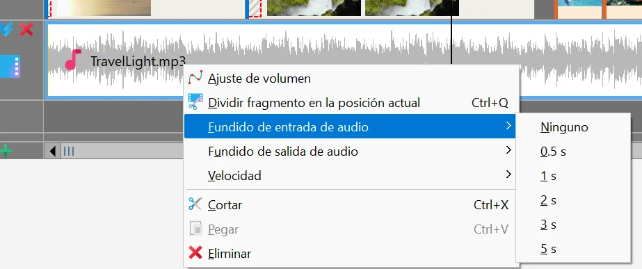 Fundido de entrada y salida de audio en Bolide Movie Creator