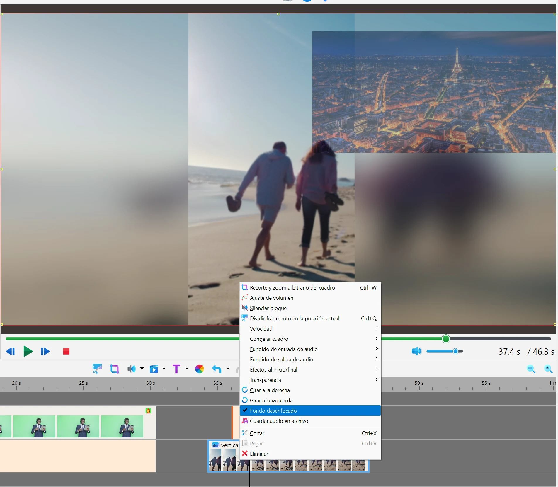 Clips con otra forma: franjas negras y fondo desenfocado en Bolide Movie Creator