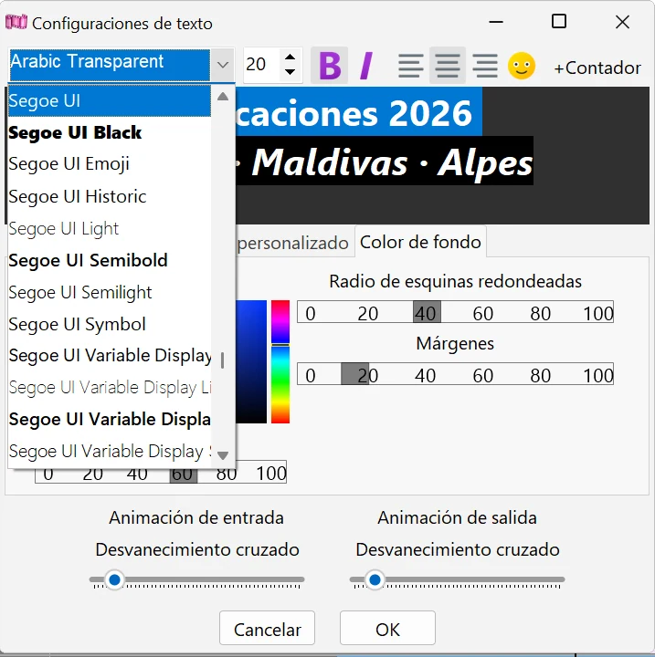 elegir la fuente del texto en Bolide Movie Creator