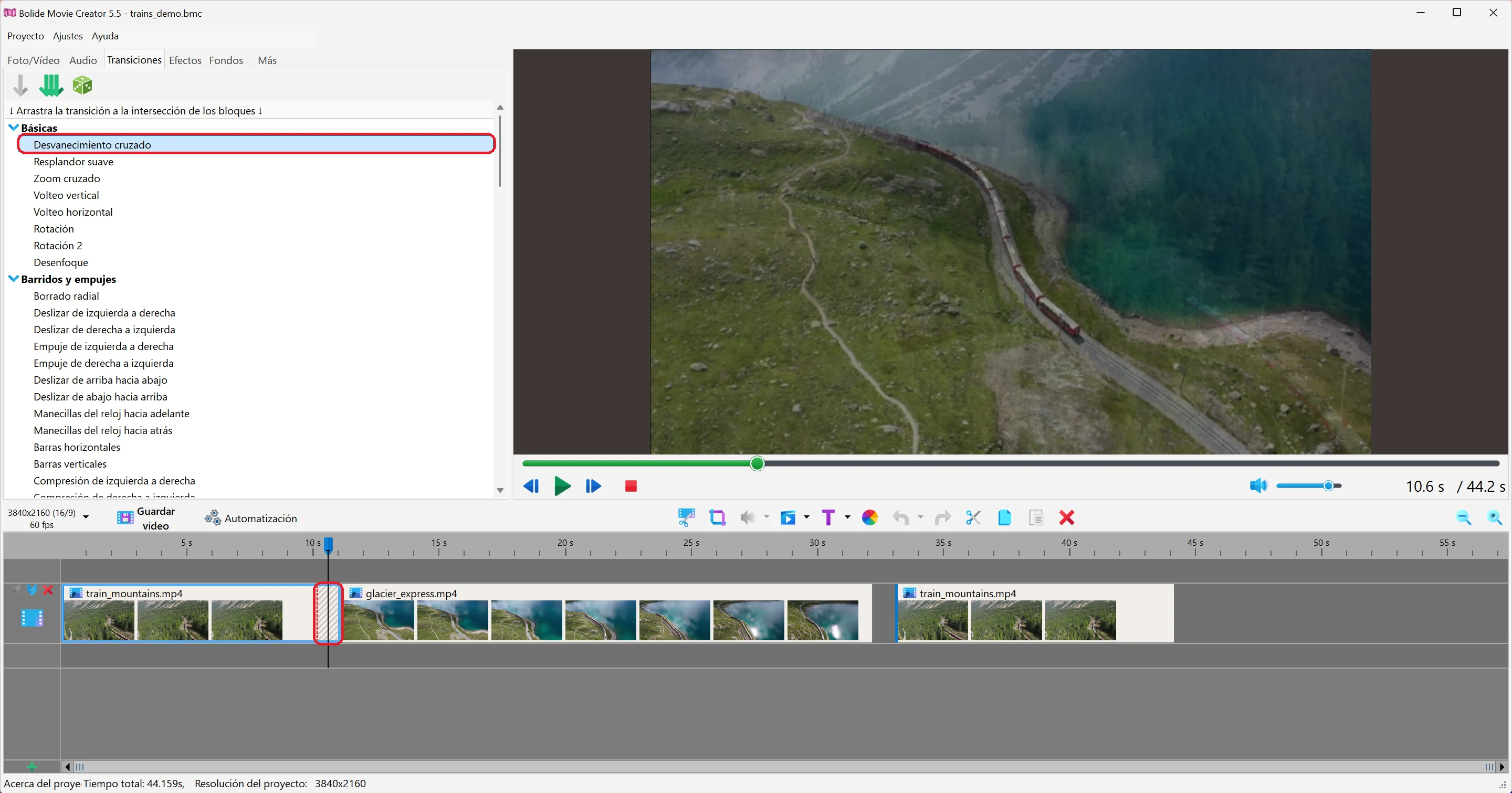 elegir un efecto de transición en Bolide Movie Creator