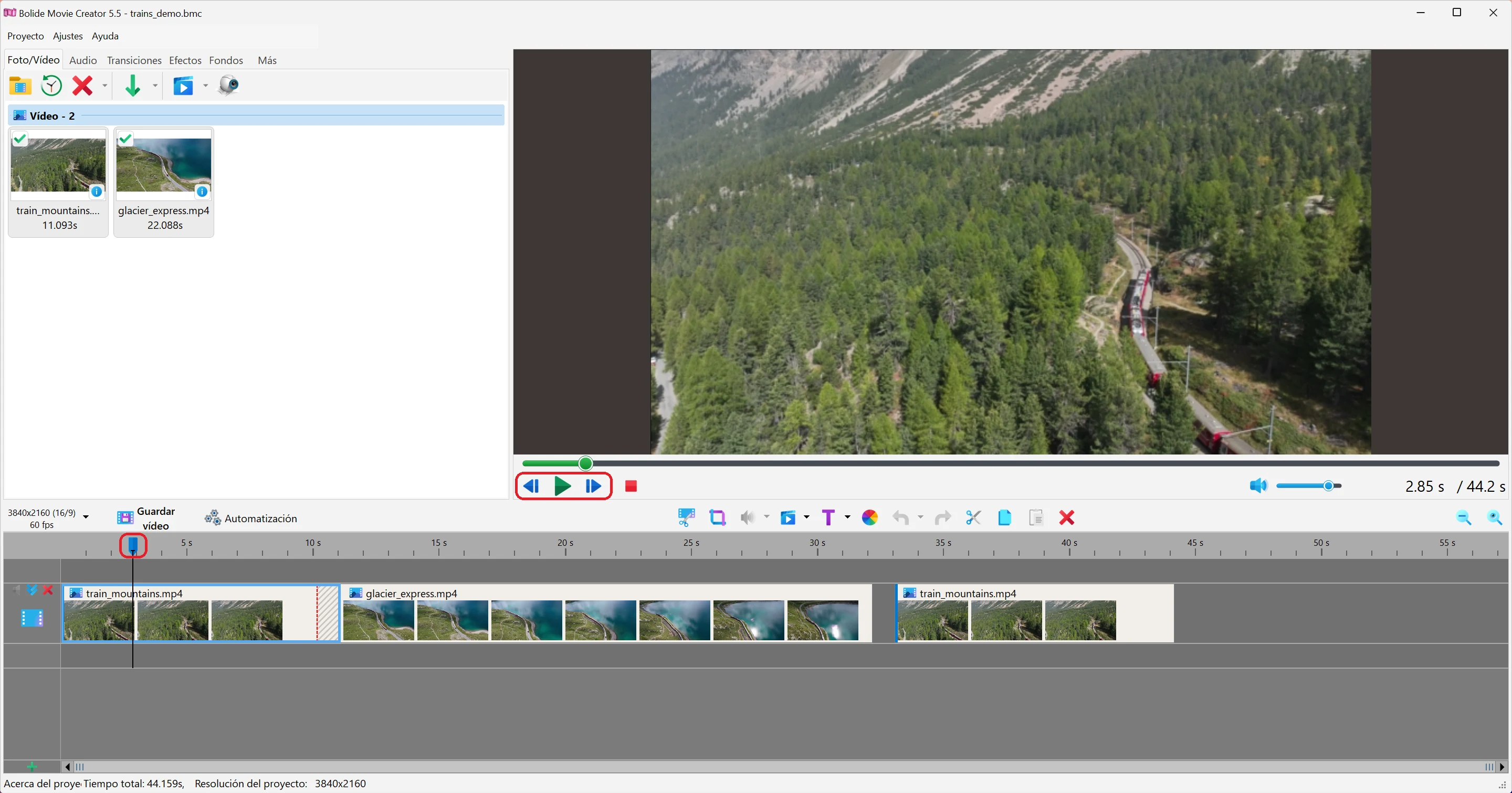 cursor en la línea de tiempo de Bolide Movie Creator