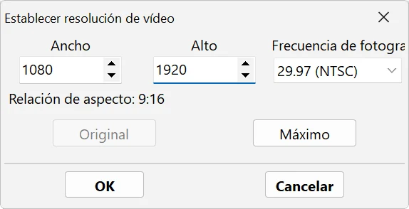 Cualquier tamaño: el cuadro de diálogo «Especial» en Bolide Movie Creator