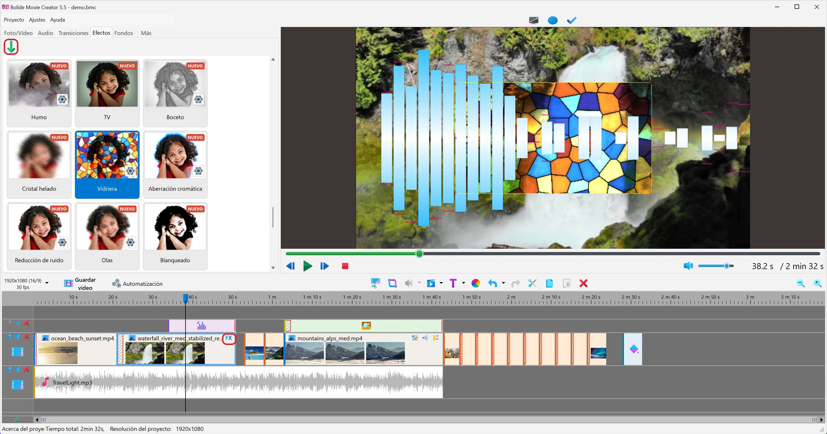Aplicar un efecto a un clip en Bolide Movie Creator