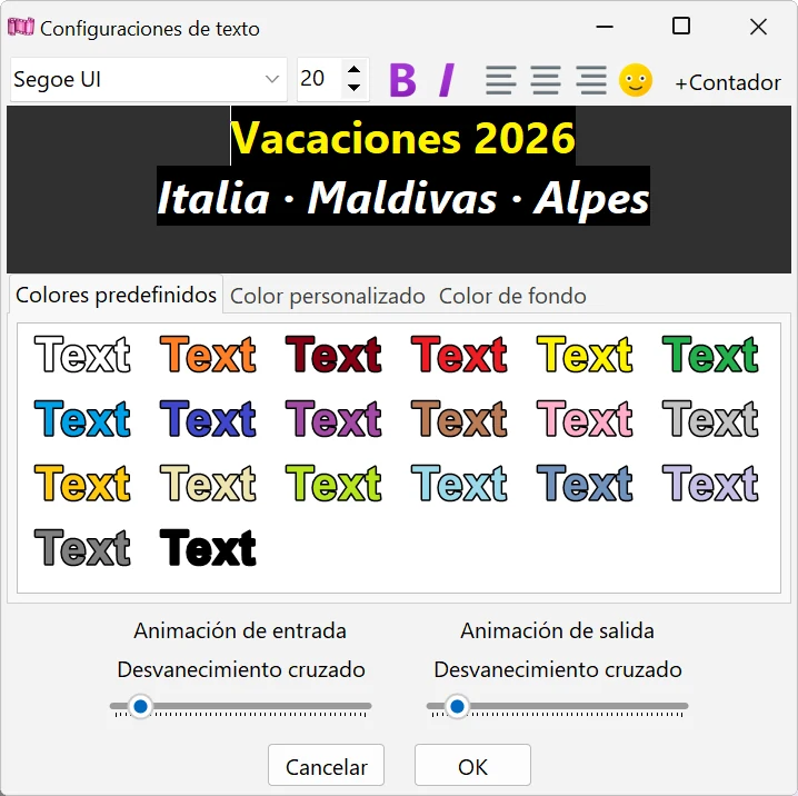 ventana Configuraciones de texto en Bolide Movie Creator