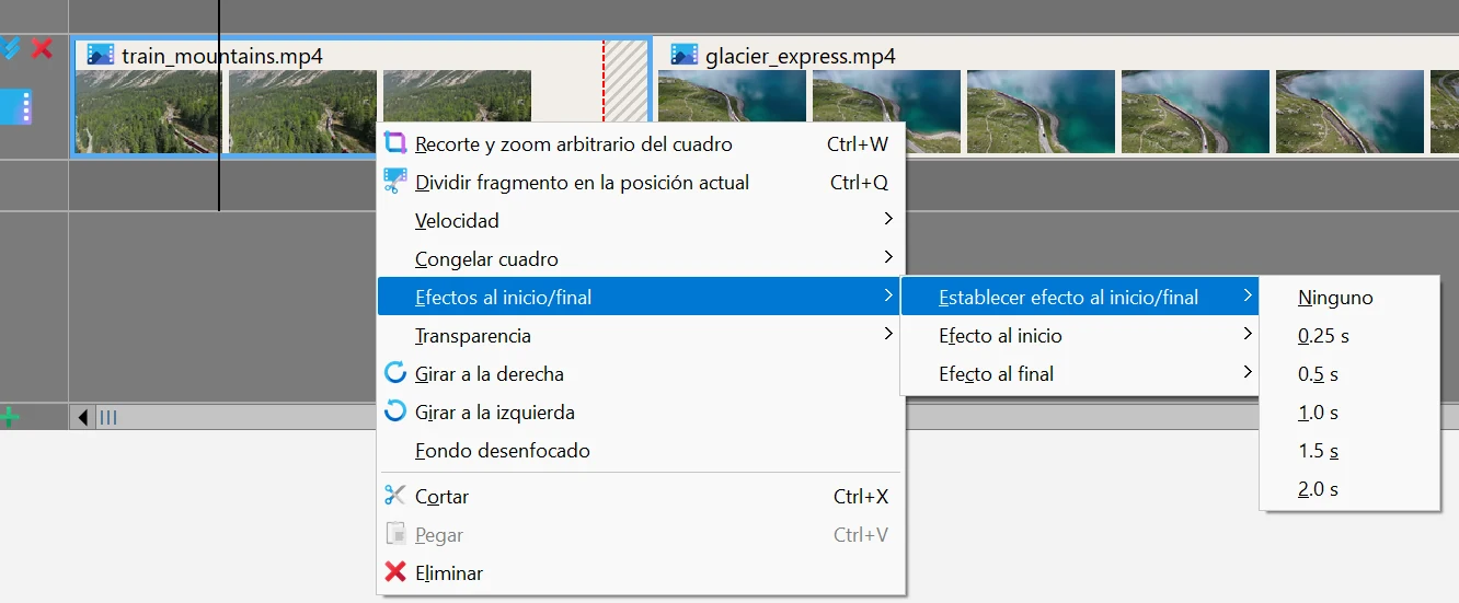 establecer un fundido para el clip de vídeo en Bolide Movie Creator