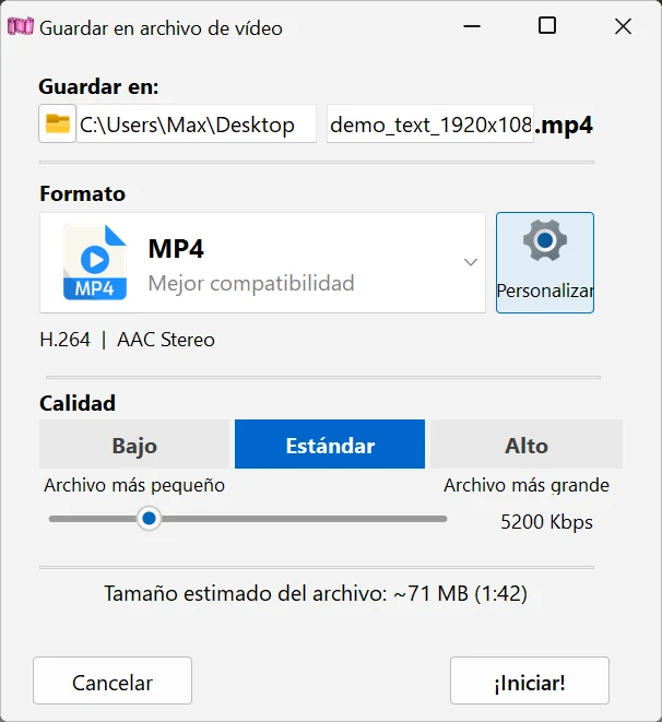 el diálogo Guardar en archivo de vídeo de Bolide Movie Creator