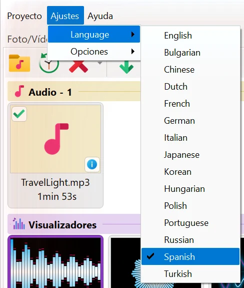 Cambiar el idioma de la interfaz en Bolide Movie Creator
