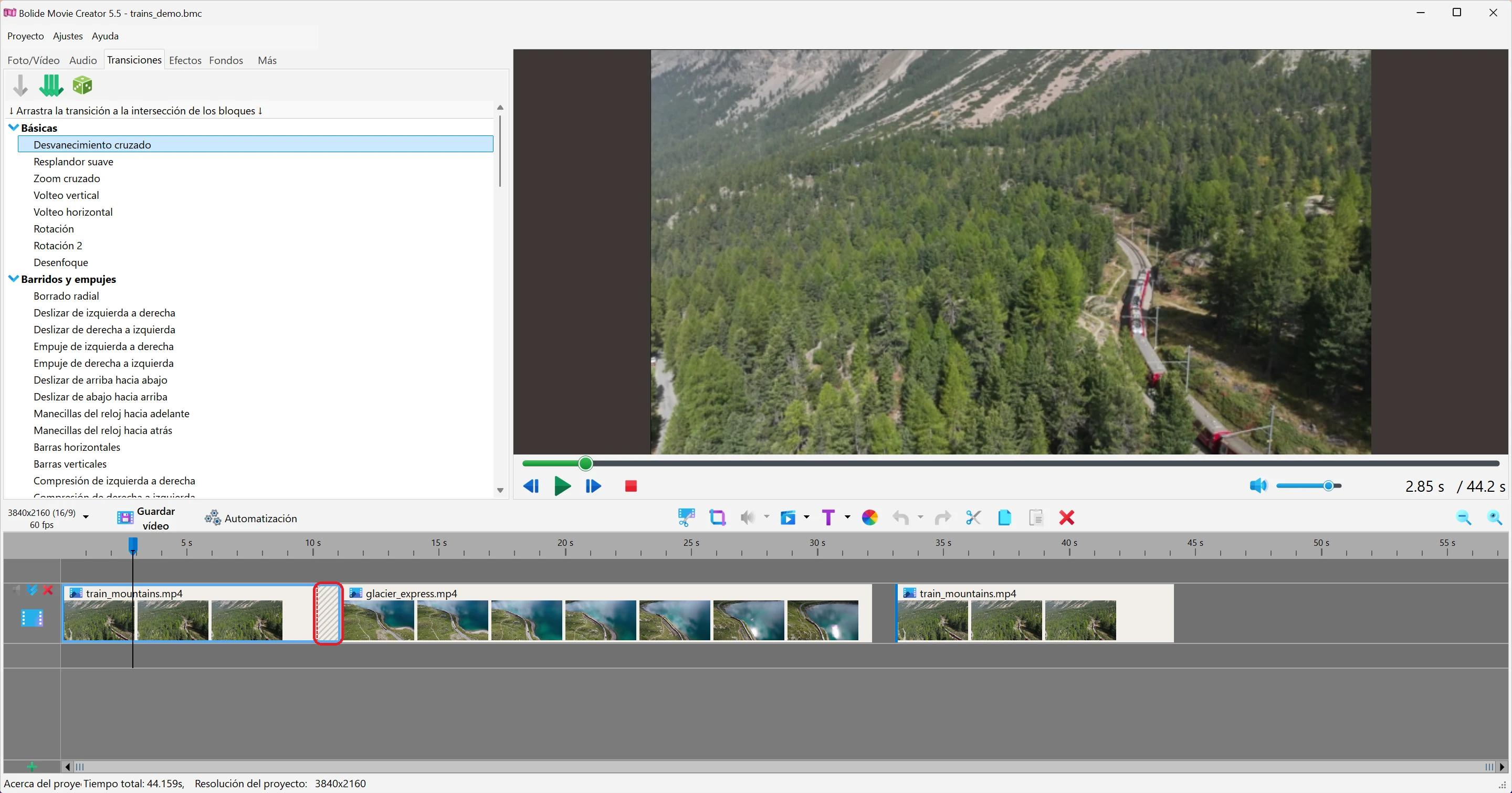 superponer clips de vídeo para aplicar una transición en Bolide Movie Creator