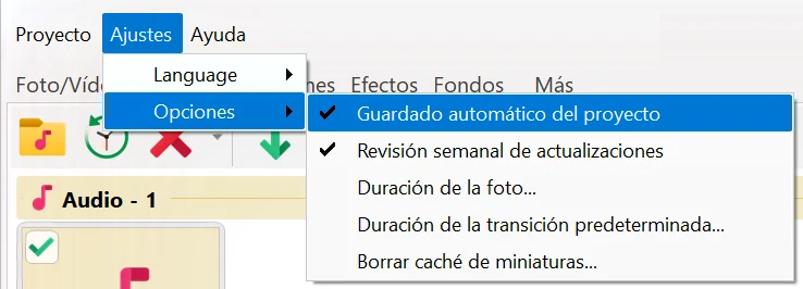 Opciones en Bolide Movie Creator