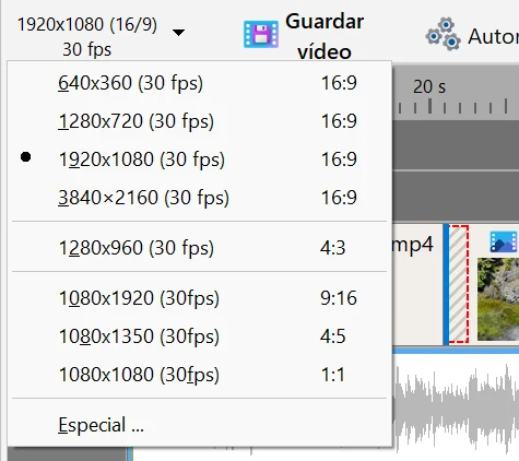 Elegir una resolución predefinida en Bolide Movie Creator