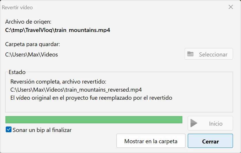 La ventana Revertir vídeo en Bolide Movie Creator