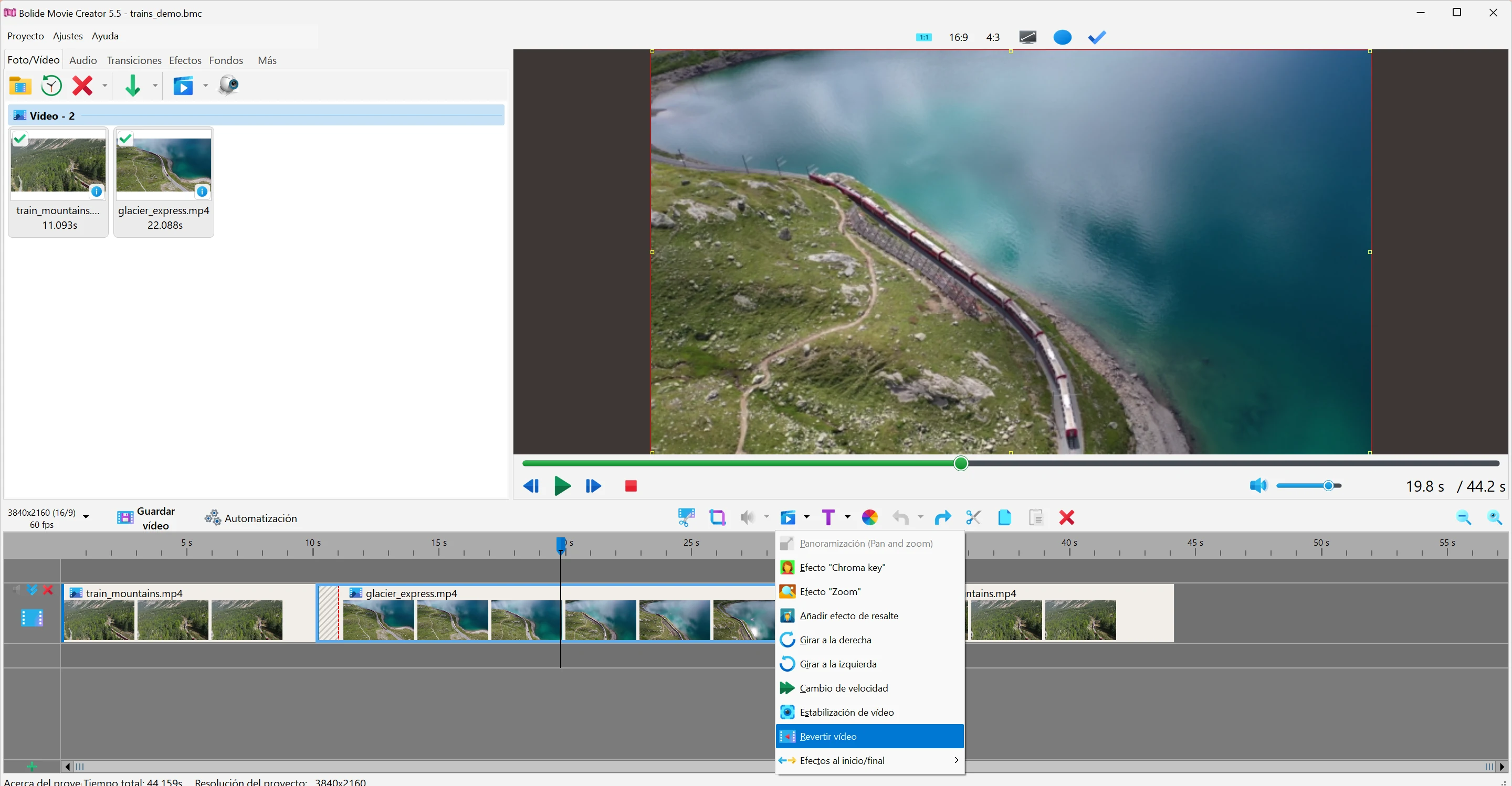 Revertir un clip en la línea de tiempo en Bolide Movie Creator