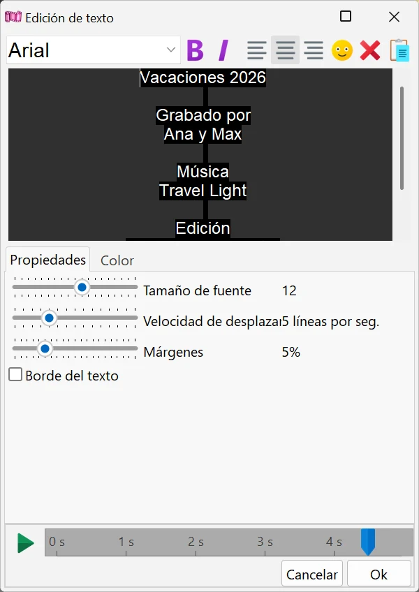 La ventana «Edición de texto» en Bolide Movie Creator