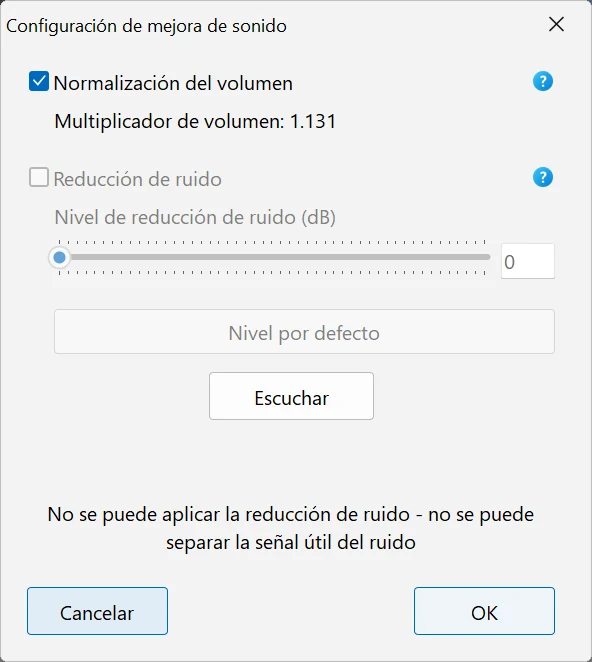 Reducción de ruido y normalización del volumen en Bolide Movie Creator