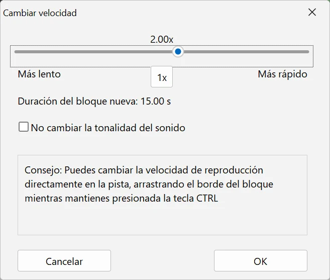 Velocidad exacta en la ventana Cambiar velocidad en Bolide Movie Creator