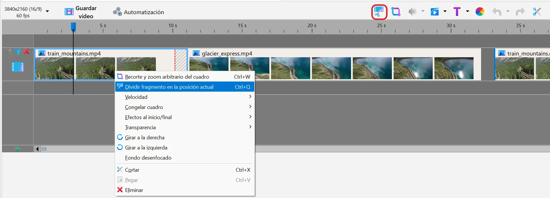 dividir un clip de vídeo con Bolide Movie Creator