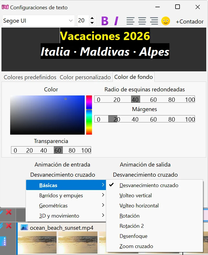 Animación de entrada y salida en Bolide Movie Creator