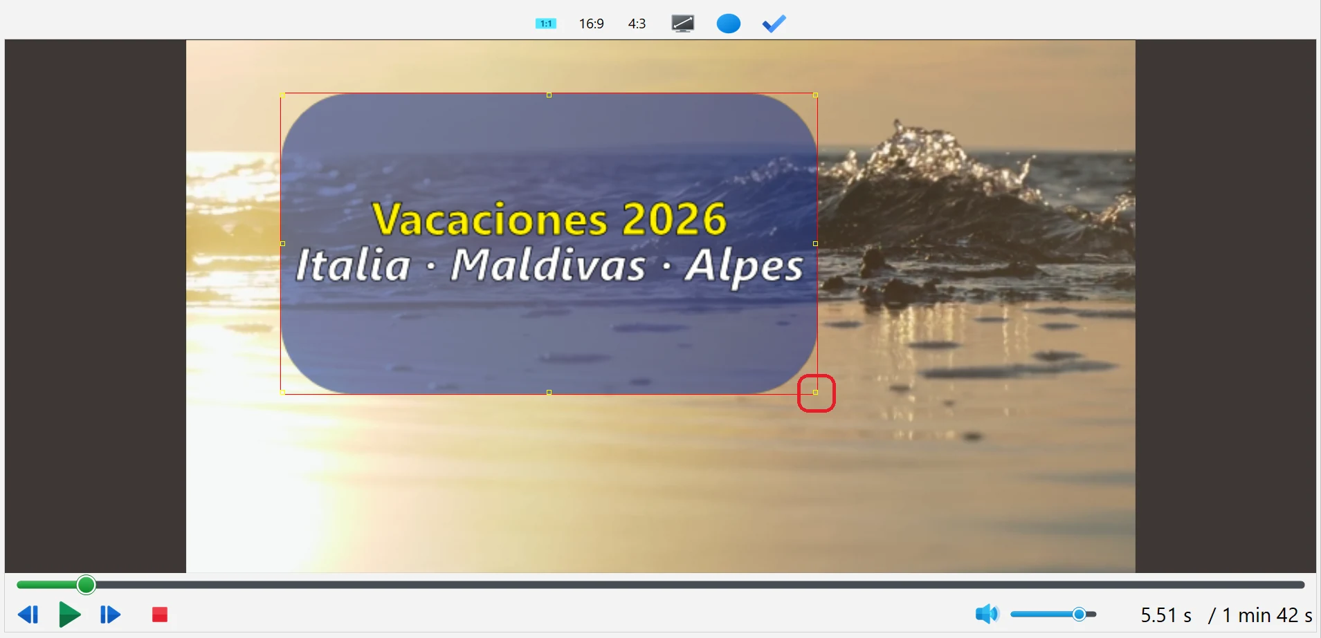 cambiar la posición y el tamaño del texto en Bolide Movie Creator