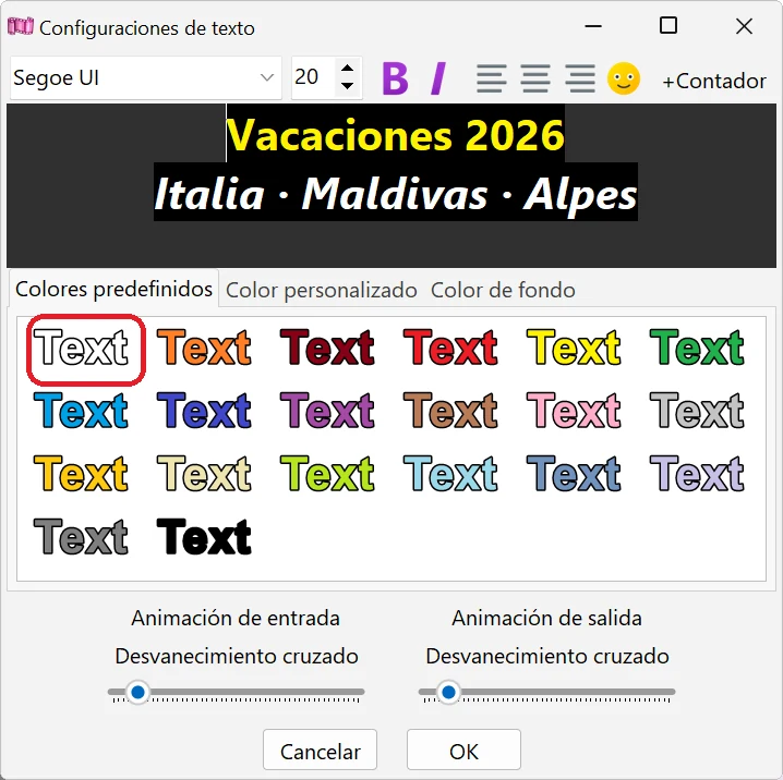 Color del texto y borde en Bolide Movie Creator