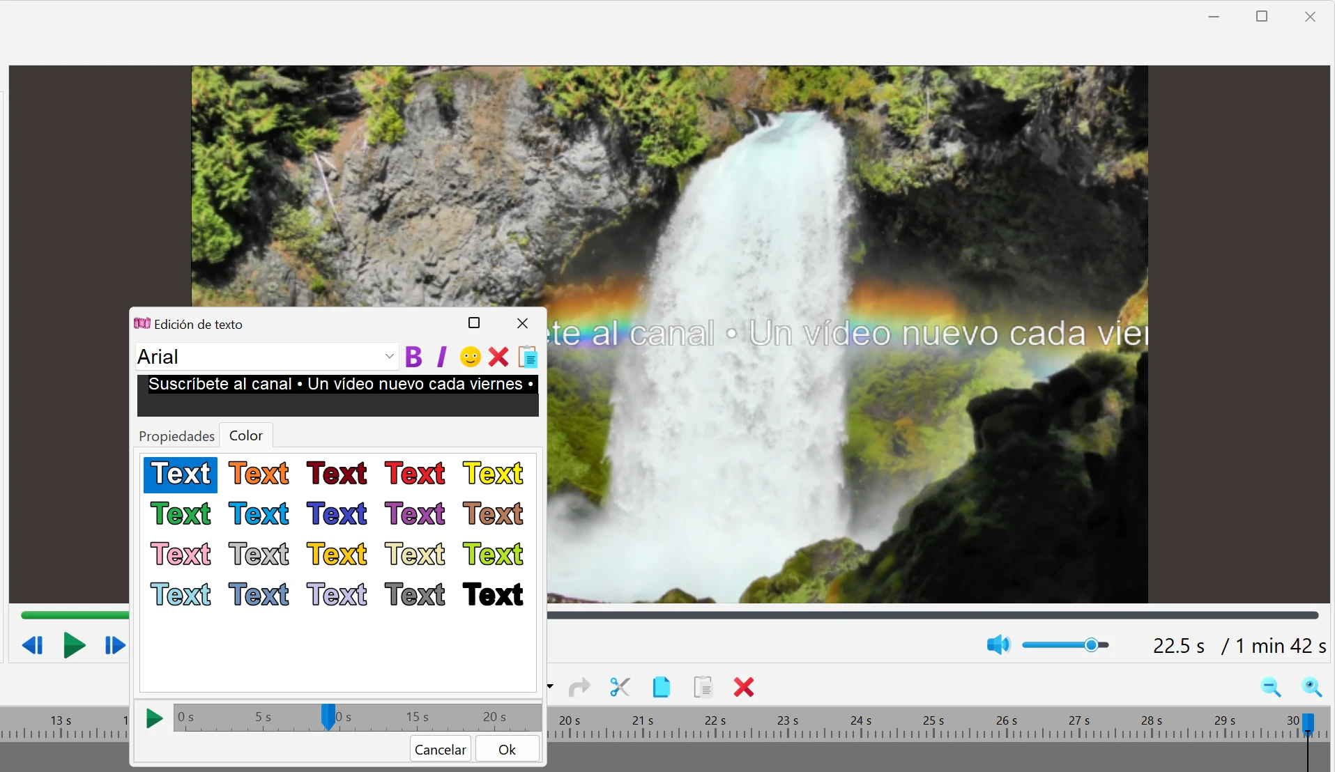 Pestañas «Propiedades» y «Color» en Bolide Movie Creator