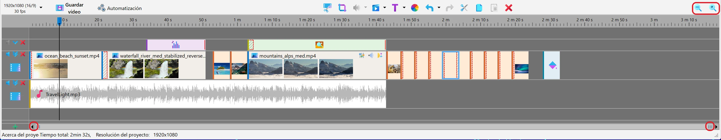 Zoom y desplazamiento de la línea de tiempo en Bolide Movie Creator