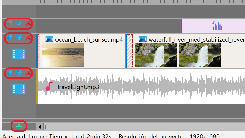 Botones de la pista en Bolide Movie Creator