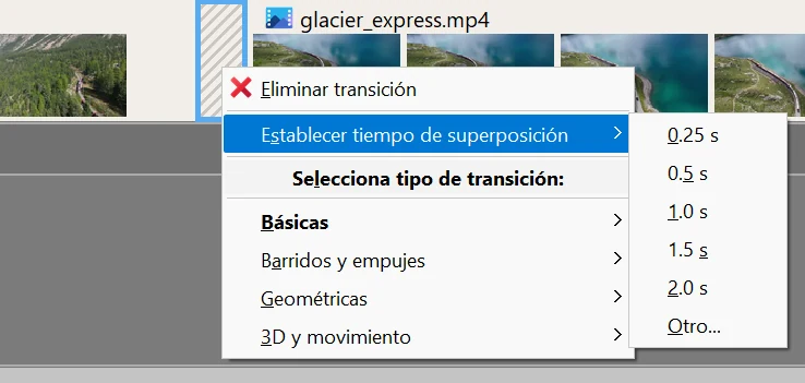 Añadir transiciones y efectos en Bolide Movie Creator