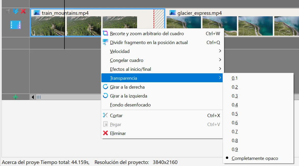 cambiar la transparencia del clip en Bolide Movie Creator