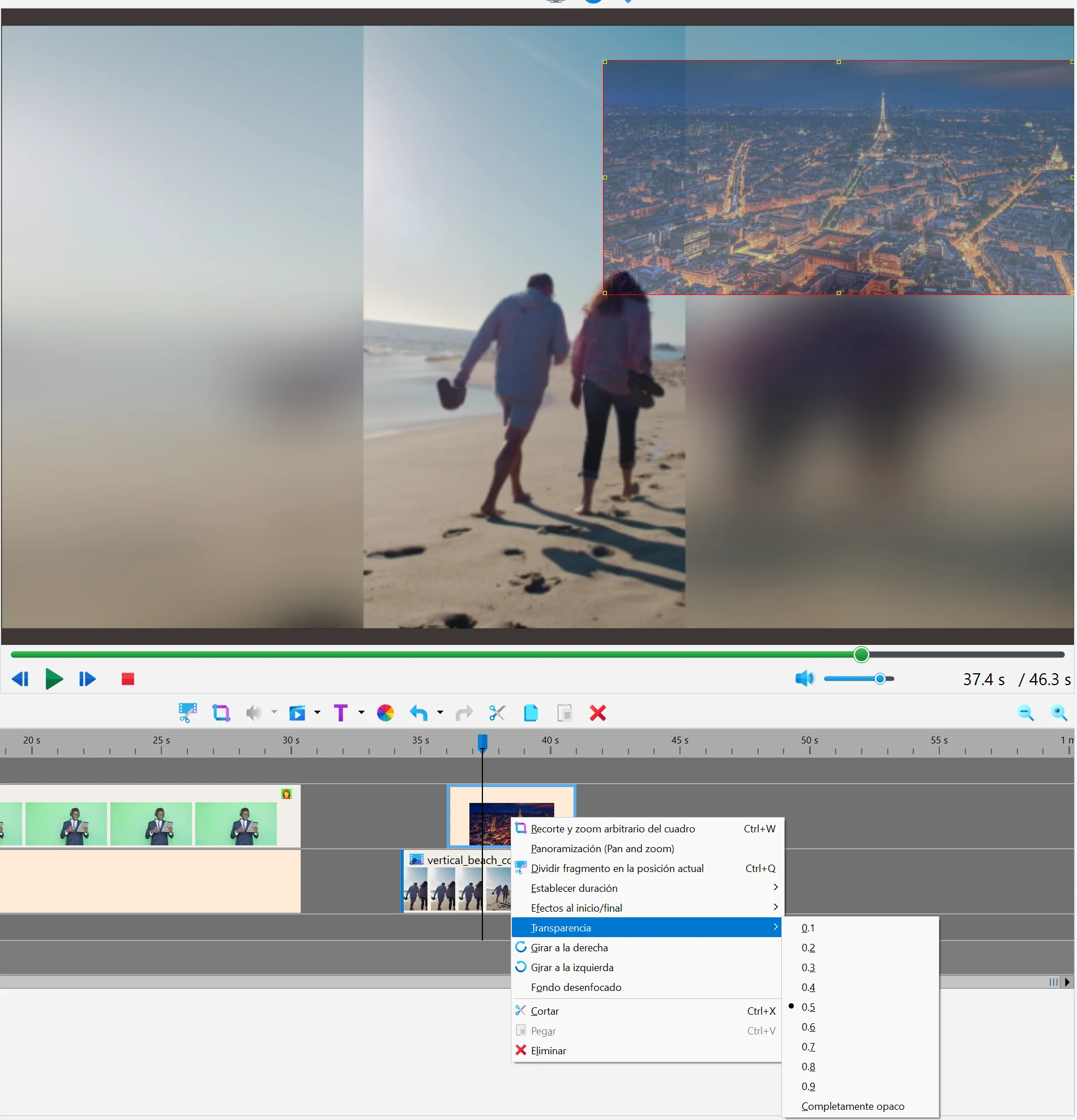 clip de vídeo semitransparente en Bolide Movie Creator