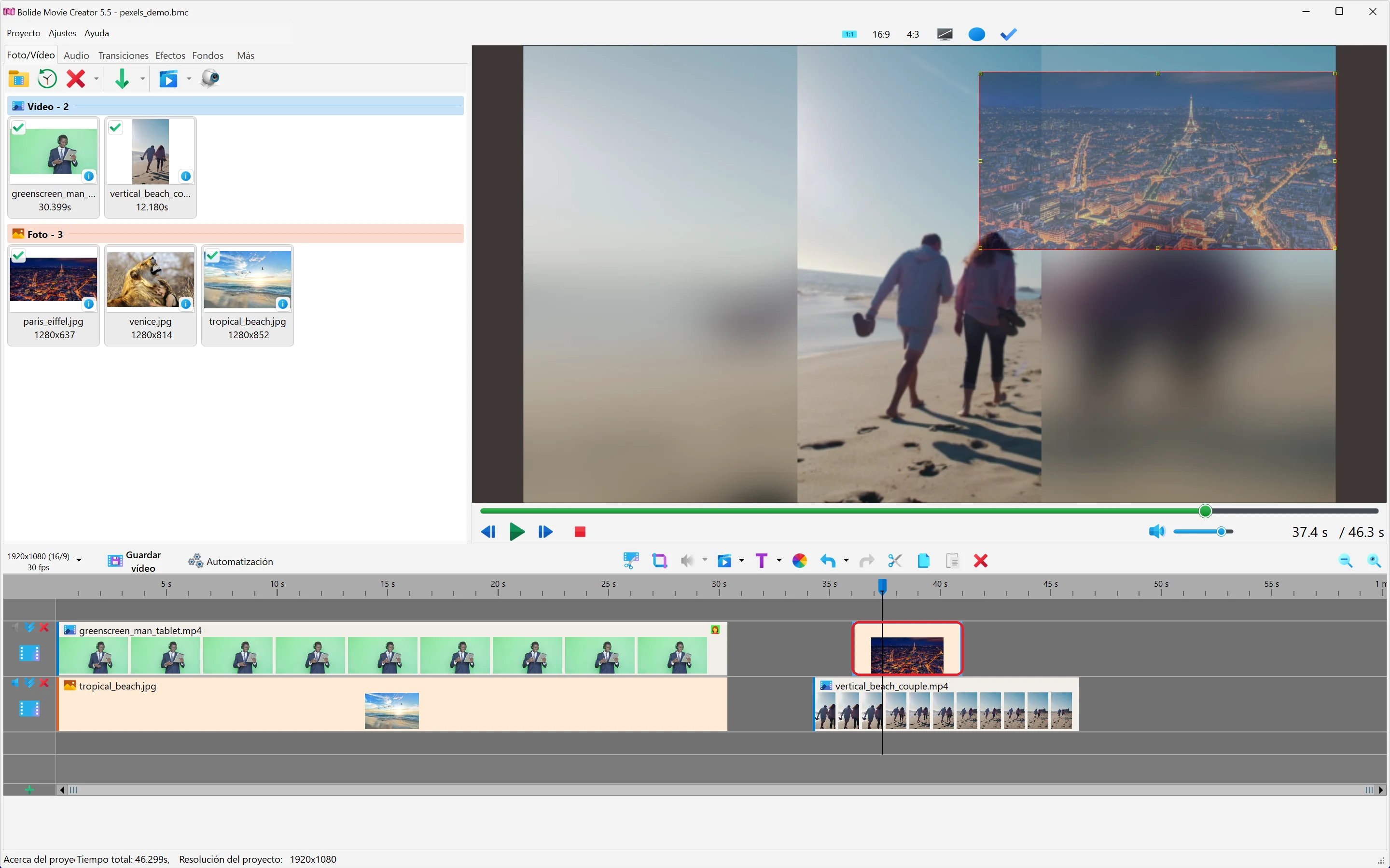 superponer dos clips de vídeo en Bolide Movie Creator