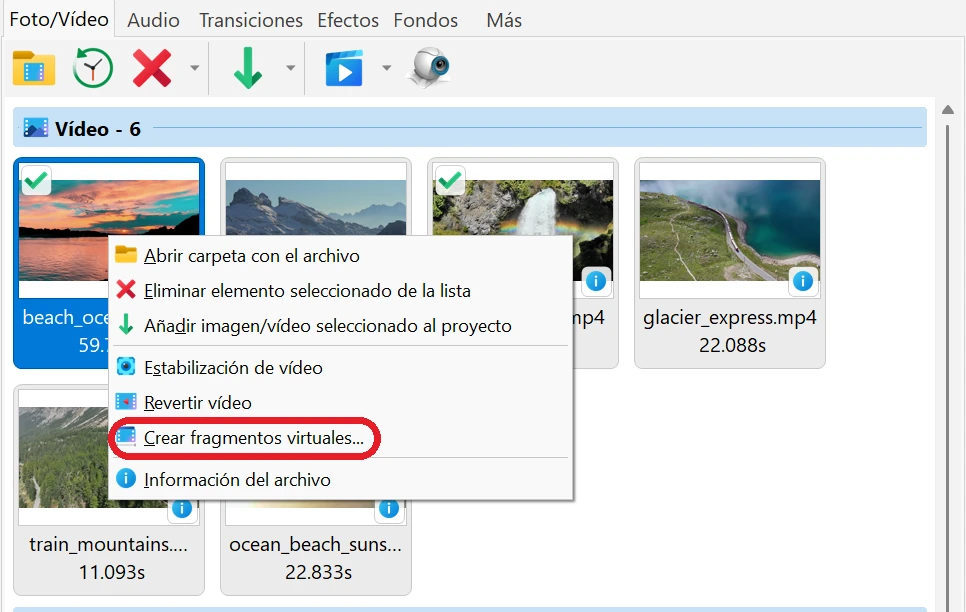 Abrir la ventana Fragmentos virtuales en Bolide Movie Creator