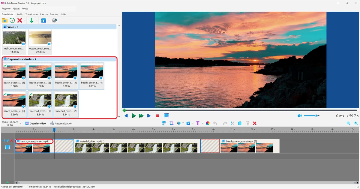 Fragmentos virtuales en la biblioteca y en la línea de tiempo en Bolide Movie Creator