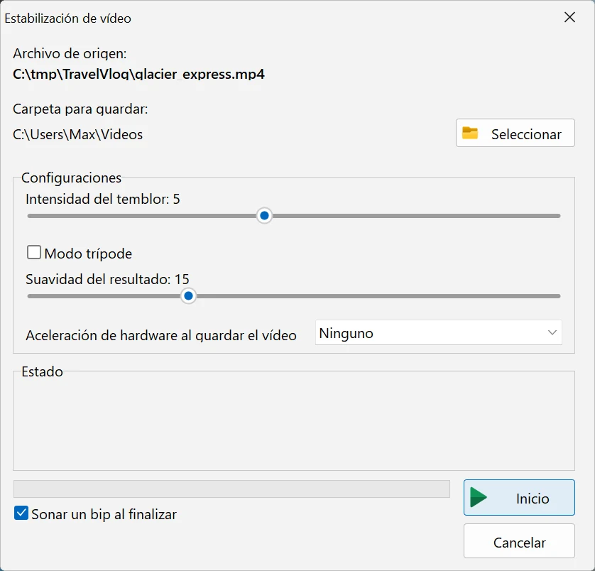 ajustes de estabilización de vídeo en Bolide Movie Creator