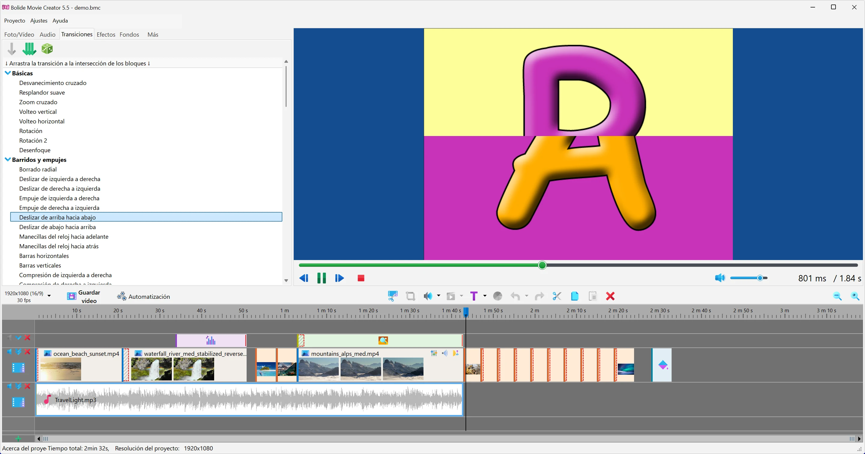 Transiciones entre clips en Bolide Movie Creator