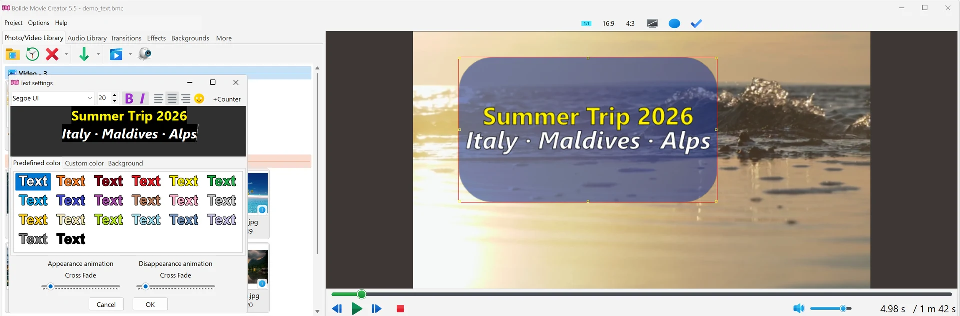 adding a text block over the video clip using Bolide Movie Creator