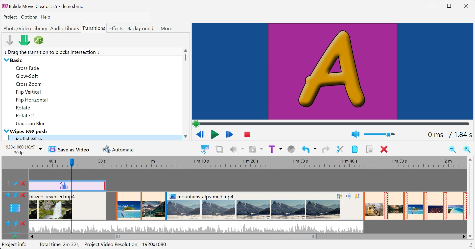 adding transitions between clips in Bolide Movie Creator