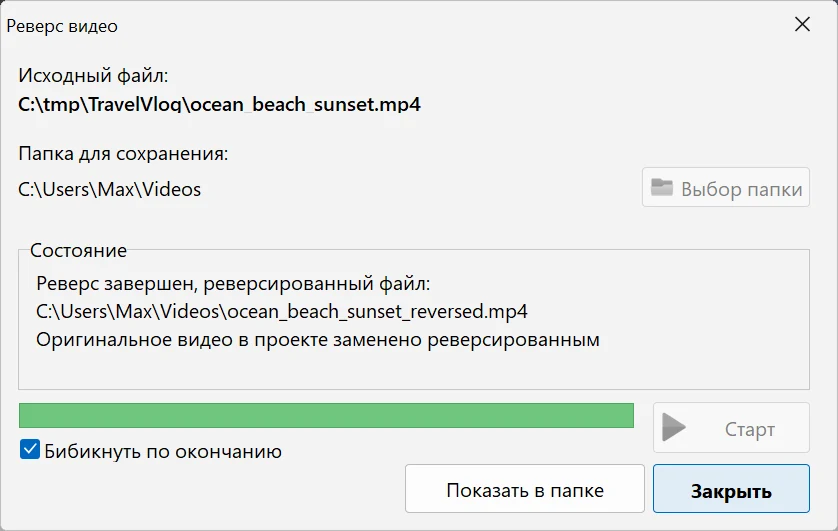 Окно «Реверс видео» в Bolide Movie Creator