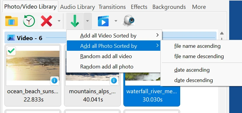 Add Photo/Video to Project Library in Bolide Movie Creator