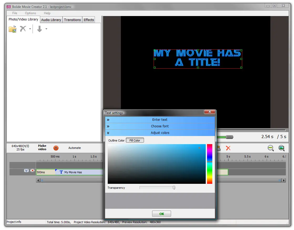 selecting font color for the text in Bolide Movie Creator