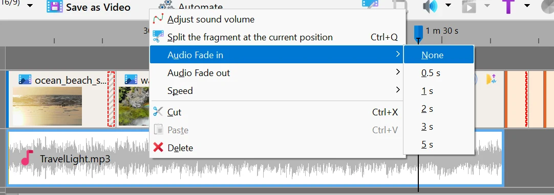 Audio fade in and fade out in Bolide Movie Creator