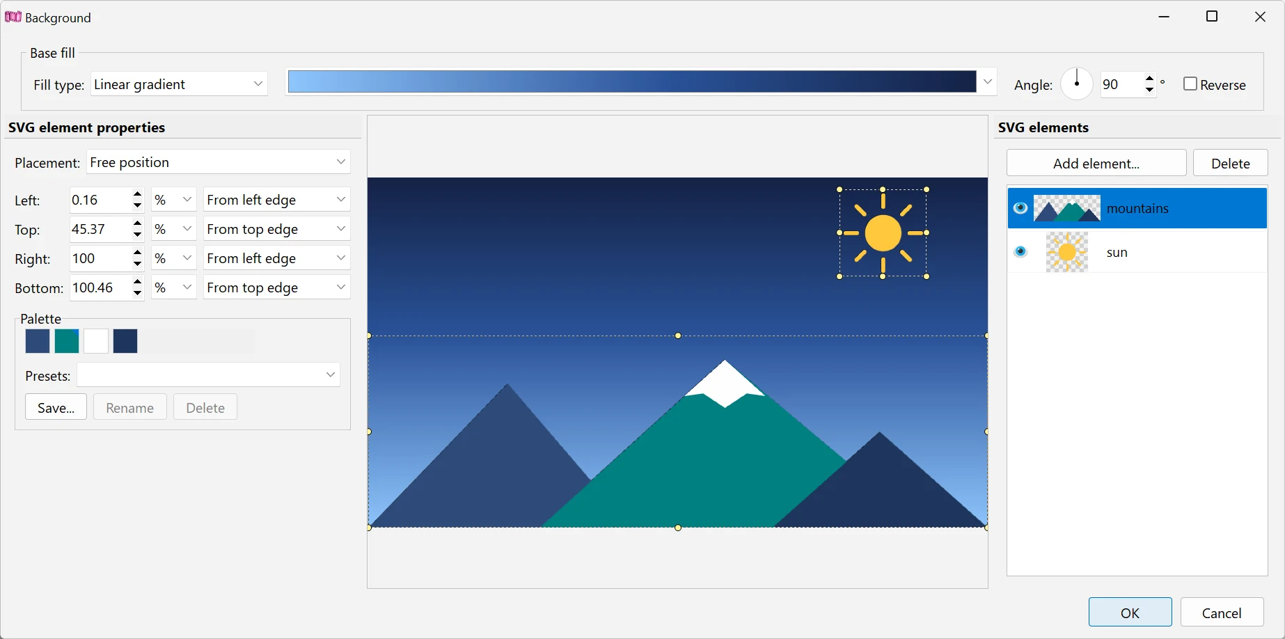 The background editor: base fill in Bolide Movie Creator