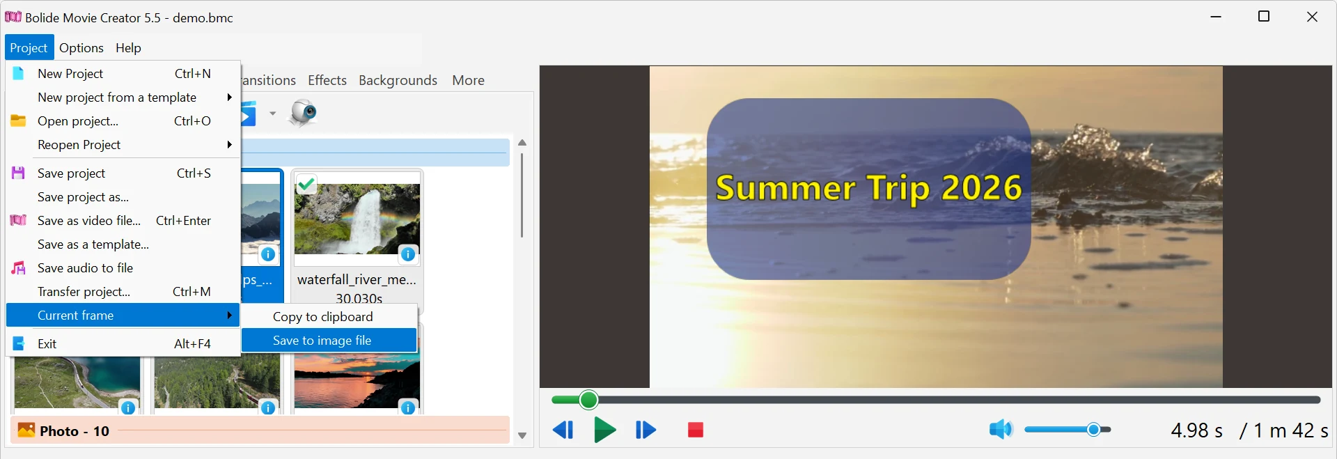 Save the current frame to a file in Bolide Movie Creator