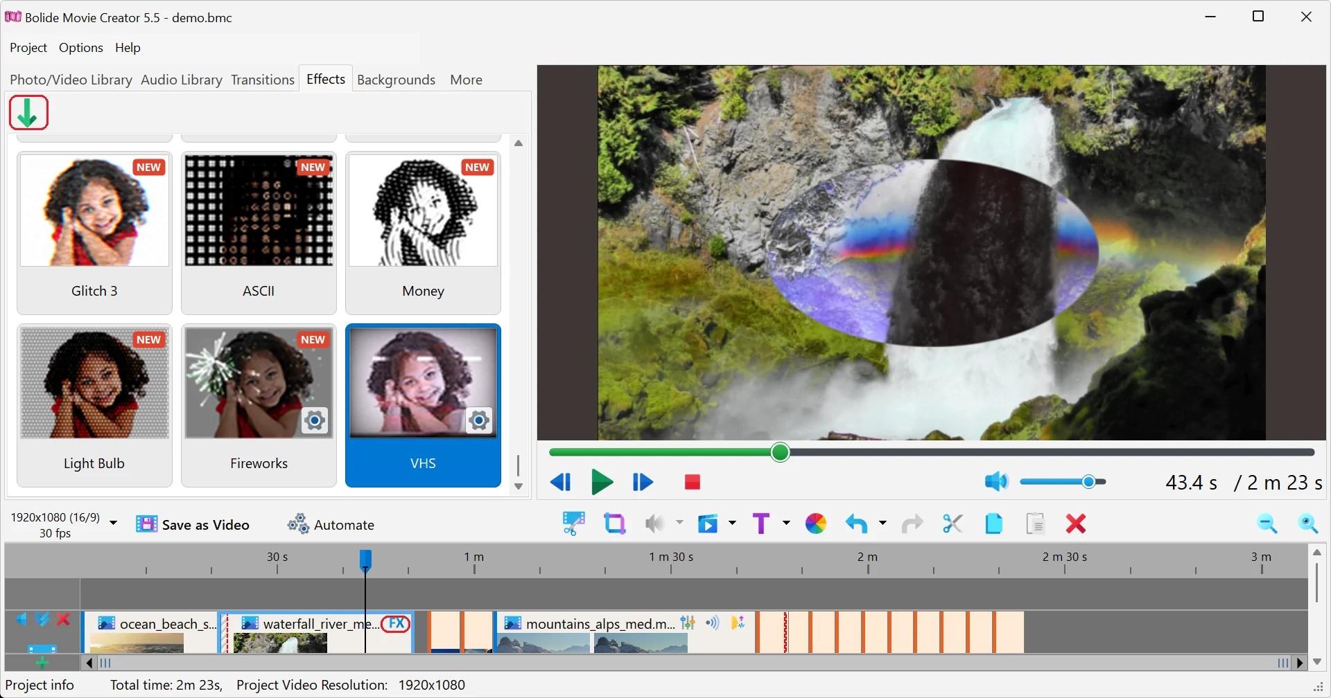 Apply an effect to a clip in Bolide Movie Creator
