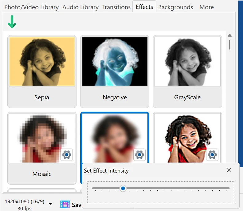 The Effects tab in Bolide Movie Creator