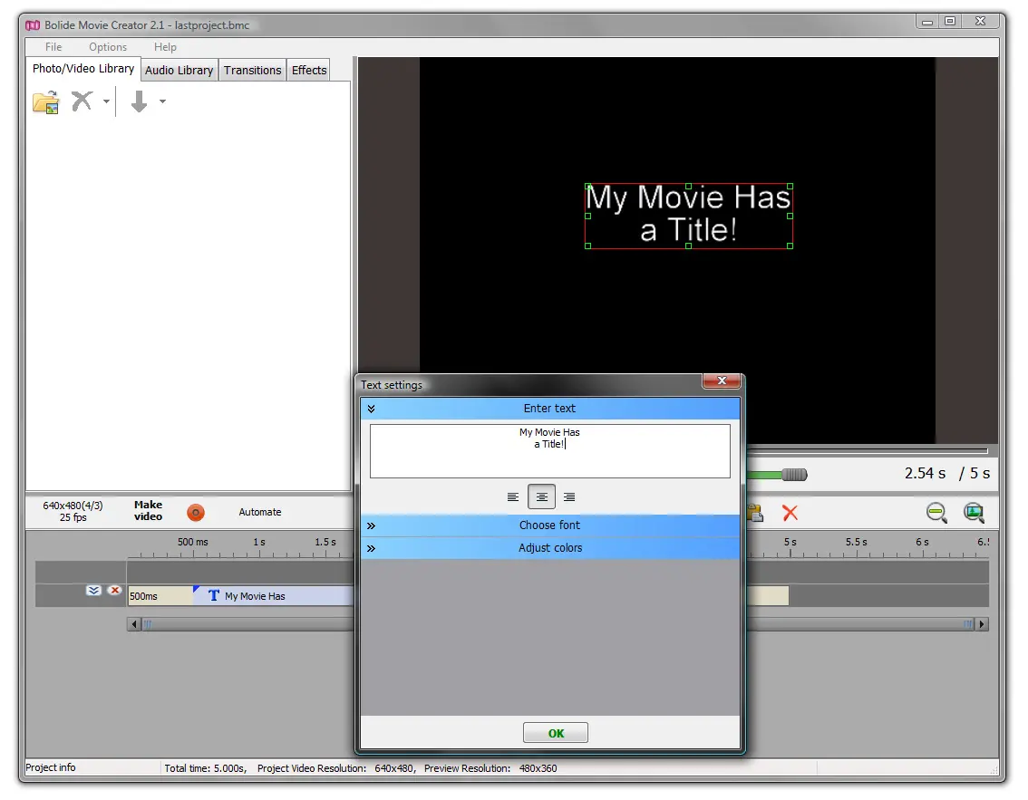 entering text to the video project in Bolide Movie Creator