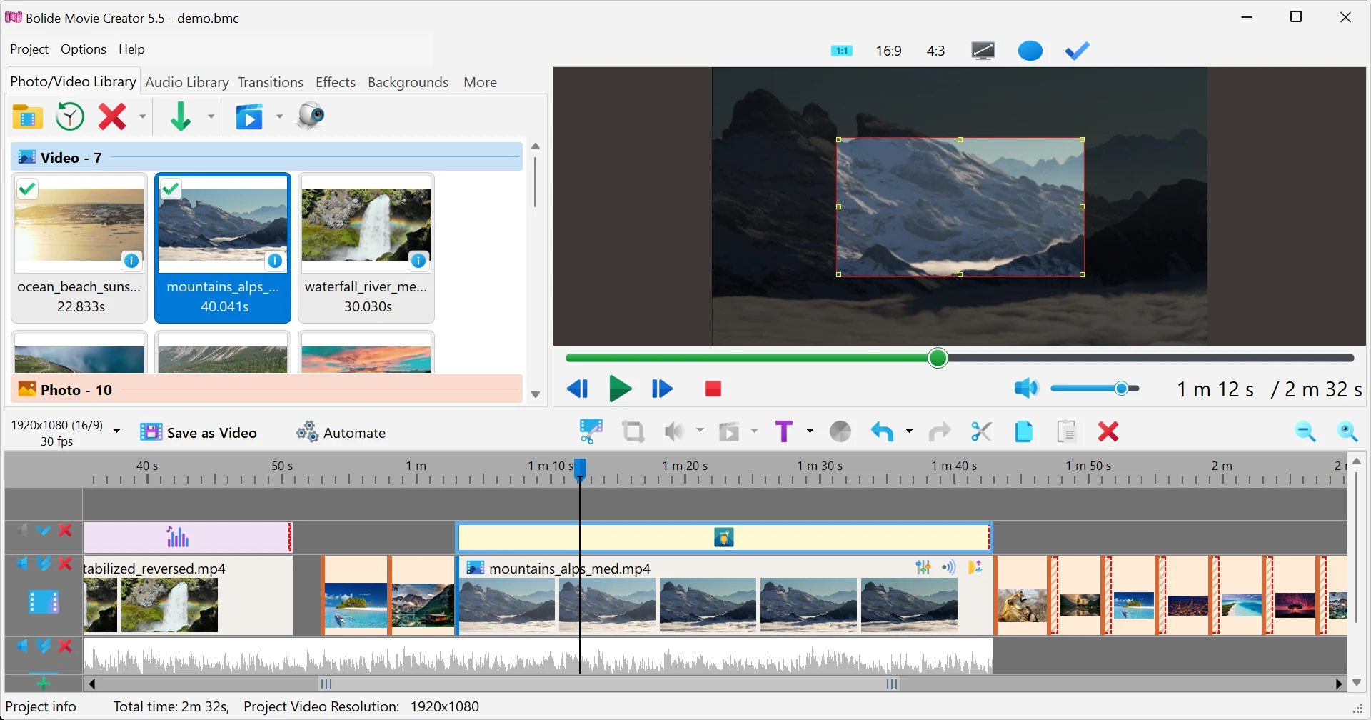 Set the highlighted area in Bolide Movie Creator