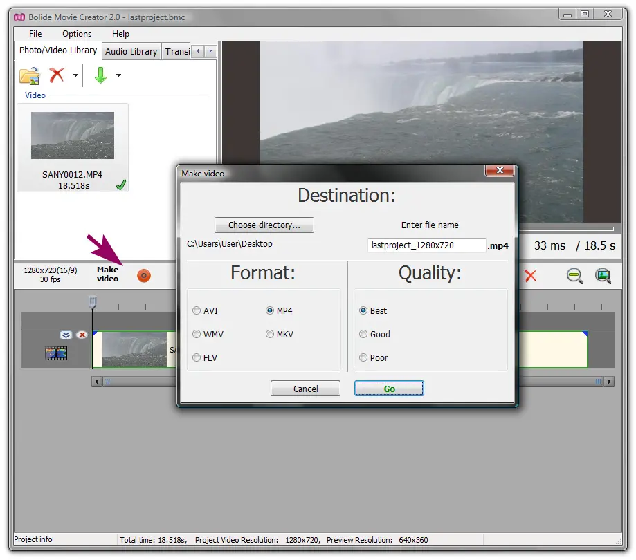 saving a project to a video file in Bolide Movie Creator