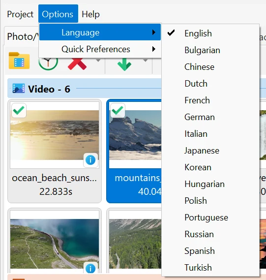 Change the interface language in Bolide Movie Creator