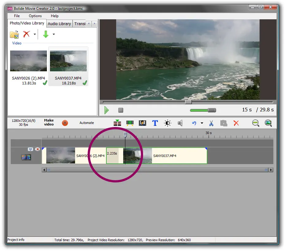 overlap video clips to apply transition effect in Bolide Movie Creator